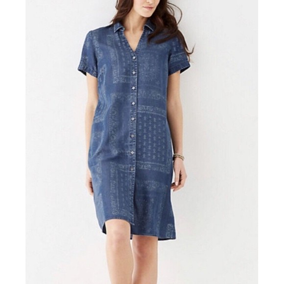 J Jill Women's Denim Shirt Dress Pockets Blue Chambray Printed Y25 - Picture 1 of 8